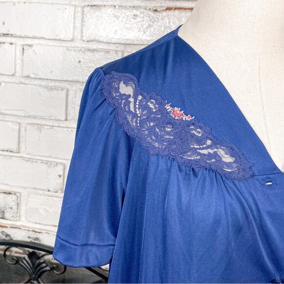 Vintage 70s Blue Floral Lace Detail Short Sleeve Button Down Lightweight Set S - Picture 3 of 8